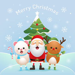 Merry christmas illustration with cute polar bear, deer and santa vector