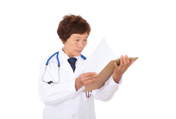 Front view of Chinese female doctor holding folder in white background