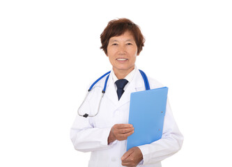 Doctor in white coat holding a folder in his arm in front of white background