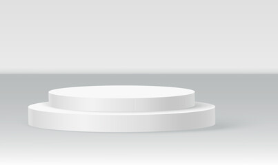 Single disc podium scene, winner pedestal. White cylinder template for showroom podium scene. Vector white pedestal for product presentation.