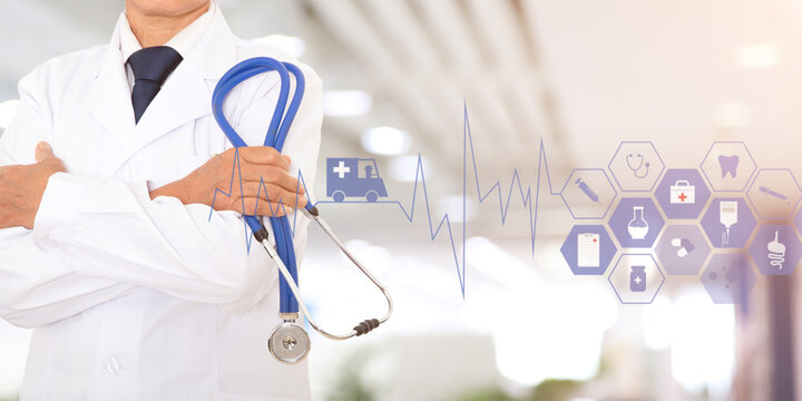 Doctor holding medical stethoscope close-up