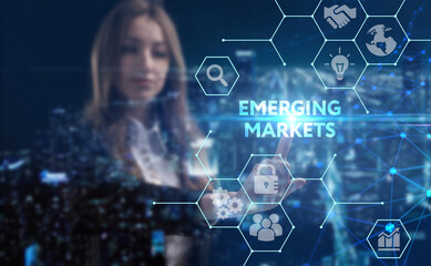 Business, technology, internet and network concept. Young businessman thinks over the steps for successful growth: Emerging markets