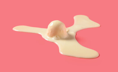 top view vanilla flavor ice cream ball in a melting process on pink background