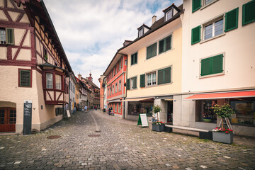 Fototapeta na wymiar Cityscape Old Town and Historic Buildings of Stein Am Rhein City, Switzerland, Beautiful Ancient Church and Architecture of Swiss Culture. Travel Historical and Famous Place of Switzerland