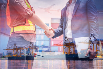 Double Exposure of Businessman and Container Shipping Worker Greeting Handshake Together With Containers Cargo Ship Port Terminal. Transportation Freight for Import/Export of Shipment Service Industry