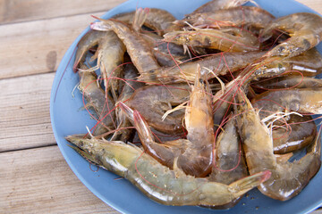 Close-up shot of freshwater shrimp processed in a plate