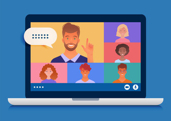 Business group meeting being held via video conference using laptop computer chatting with colleagues online. Vector illustration