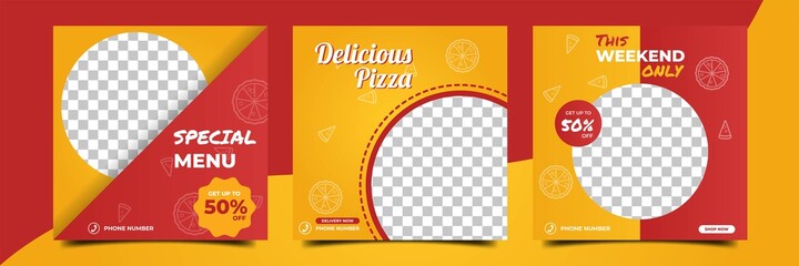 Set of editable square banner template design with pizza theme. Flat design background vector isolated. Usable for social media restaurant, food store and culinary promotion