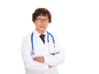 Fototapeta premium Female doctor in white lab coat with hands crossed in front of white background