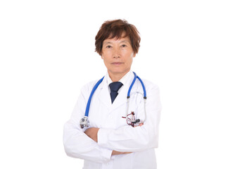 Female doctor in white lab coat with hands crossed in front of white background