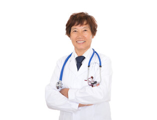 Fototapeta premium Female doctor in white coat with crossed hands smiling and looking at camera