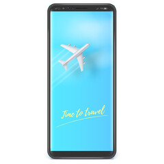 Silver plane is flying on clear blue sky on smart phone screen X sizes. Time to travel. Vector template for travel and touristic agencies. Phone UI