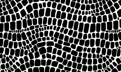 Seamless black and white pattern of snake and crocodile skin on an isolated white background. Stock texture of the animal. Fashion design, print on fabric wallpaper, website template design. © Lapalovee
