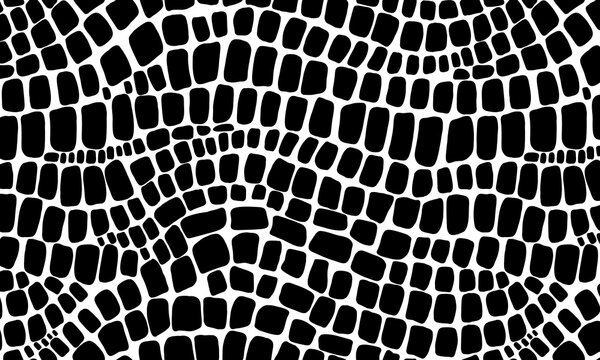Seamless black and white pattern of snake and crocodile skin on an isolated white background. Stock texture of the animal. Fashion design, print on fabric wallpaper, website template design.