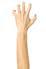 Fototapeta premium Pulling, grabbing, reaching or scratching. Woman hand gesturing isolated on white