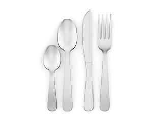 Fancy Design Stainless Steel Dinner Fork Knife And Spoon Flatware Set For Mockup And Branding. 3d render illustration.