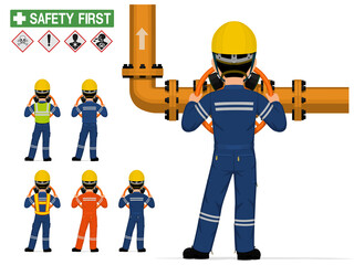 Isolated industrial worker with respirator is operating valve on white background