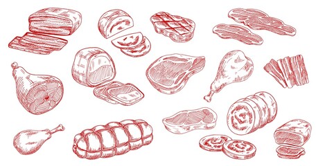 Pork sausage, veal beef and lamb steak sketches. Bacon, ham and jamon leg, meat roll, chicken or turkey legs, sirloin, brisket and mortadella engraved vectors set. Raw and processed meat products