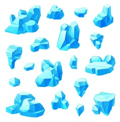 Fototapeta na wymiar Ice crystals cartoon set of vector frozen water. Blue blocks and cubes of broken iceberg, pieces of icicle, floe or glacier, cold ice isolated objects of winter season, snowy weather and game design