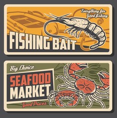 Fresh crabs, shrimps or prawns. Seafood store products, inflatable boat, fishhook vector. Live fishing bait and fishers equipment shop, seafood market retro banners with sea animals and typography