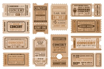 Music concert tickets, retro admits. Vector vintage cards for musical performance, show entry coupons for access with date, time, seat and row number, price and separation line tickets templates set