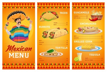 Mexican cuisine restaurant menu vector template with food and drink. Meat and vegetable tacos, burritos, tortilla quesadillas and enchiladas, nachos with guacamole sauce, tequila and grilled corn cobs