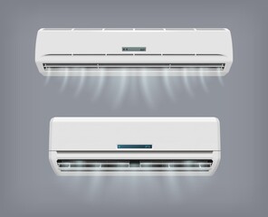 Air conditioner vector device for home conditioning. Working fan with digital panel show temperature cooling or heating with cold and warm air. Ventilation system, climate control, realistic 3d design
