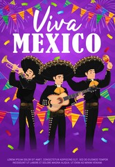 Viva Mexico vector poster with Mariachi band. Mexican musicians in sombrero and national costumes playing guitar, trumpet and maracas, flag garlands and fireworks. Cinco de Mayo event celebration card