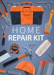 Repair, home construction tools kit, building toolbox and equipment, vector. House repair and DIY tools for renovation, remodeling or painting, woodwork and masonry wrench and ruler, plastering trowel
