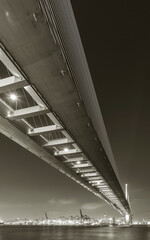 Suspension bridge and cargo port in Hong Kong city at night