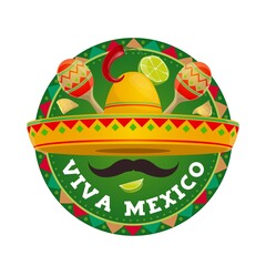 Viva Mexico vector round icon. Mexican sombrero with mustaches, lime pieces and nachos with maracas. Fiesta event cartoon isolated label in traditional colors for mexican event, culture symbols