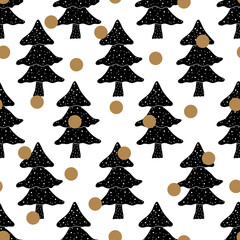 Winter Christmas pattern with black Christmas trees and golden polka dots.