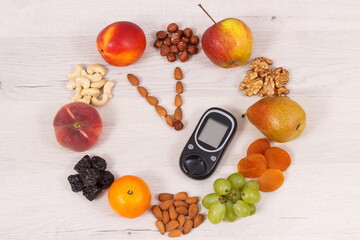 Glucometer for checking sugar level and clock made of fruits, time for resolutions of healthy nutrition concept