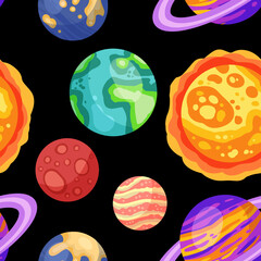 Planets, stars and satellites space seamless pattern background. Solar system outer space planets children wallpaper texture tile. Vector stock image © Olga
