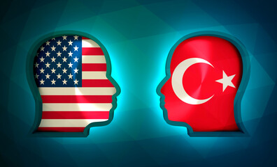 Image relative to politic and economic relationship between USA and Turkey. National flags inside the heads of the businessmen. Teamwork concept. 3D rendering. Neon light
