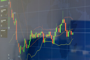 Candlestick chart showing market trading conditions on blue background.
