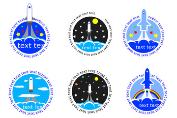 Vector graphic design of rocket launching to space. Rocket launch into sky with smoke, cloud, star, planet, moon, and rainbow.