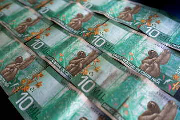 Close up view of the Costa Rica currency CSC 10 000 Colones money