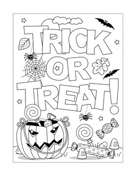 Halloween "Trick or treat!" coloring page, poster, sign or banner black and white activity sheet 

