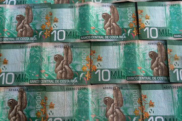 Close up view of the Costa Rica currency CSC 10 000 Colones money