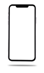 Closeup modern digital black Smartphone mobile mock up blank front screen isolated on white background, no clipping path