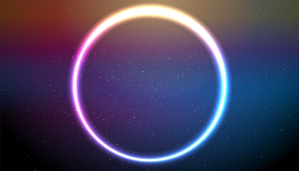 Fototapeta na wymiar Bright shiny neon circle ring on starry sky. Retro abstract futuristic vector background