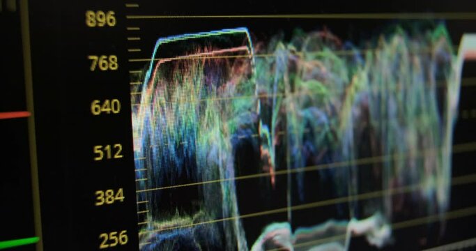 Computer monitor displays color grading of footage made by movie maker using histogram instrument macro view