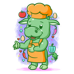 The chef cow with the vegetables around him