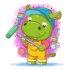 The hippopotamus use the yellow overall and hold roller painter