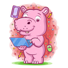 Hippopotamus holding the blue laptop for study around the electronic things