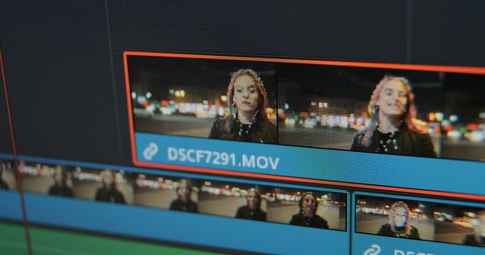Film editor changes scales and shifts footages zoom working with project timeline in computer program macro view