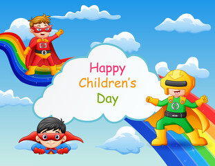 Obraz na płótnie Canvas Happy Children's Day template with superhero kids on the sky