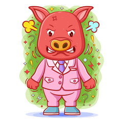 The angry pig with the stress face and clenched fists