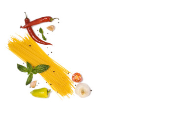 Composition of spaghetti  on white background. flat lay